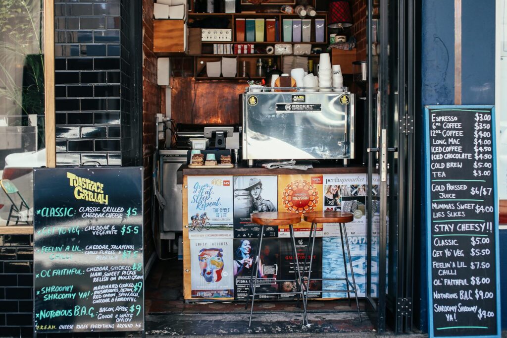 street cafe counter with signboards