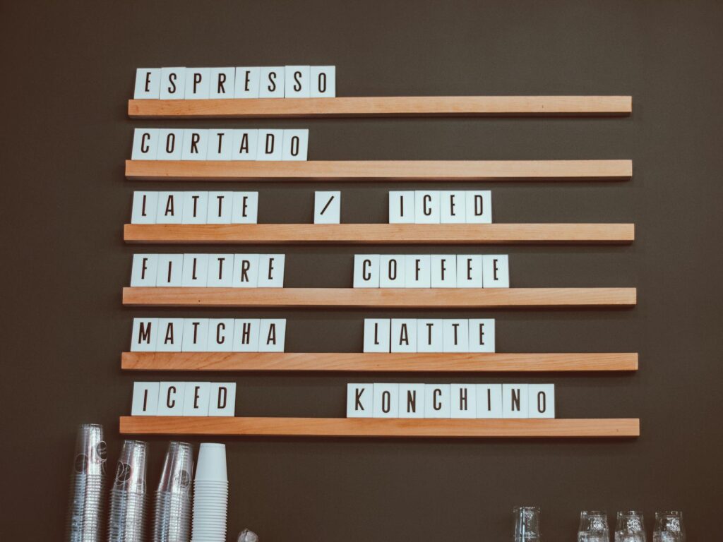 letter tiles on wooden shelves