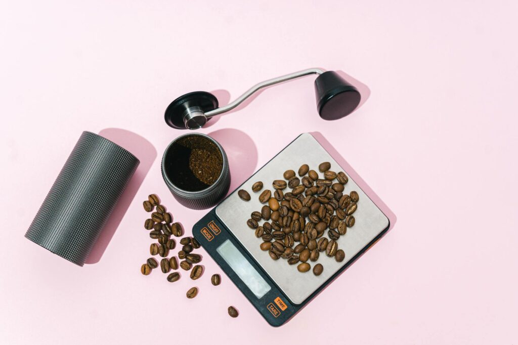 coffee beans on a weighing scale